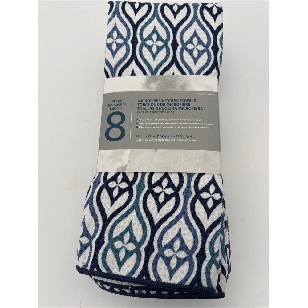 Kitchen Towels Microfiber durable Soft Absorbent Lint Free Washable 8 Pack Blue